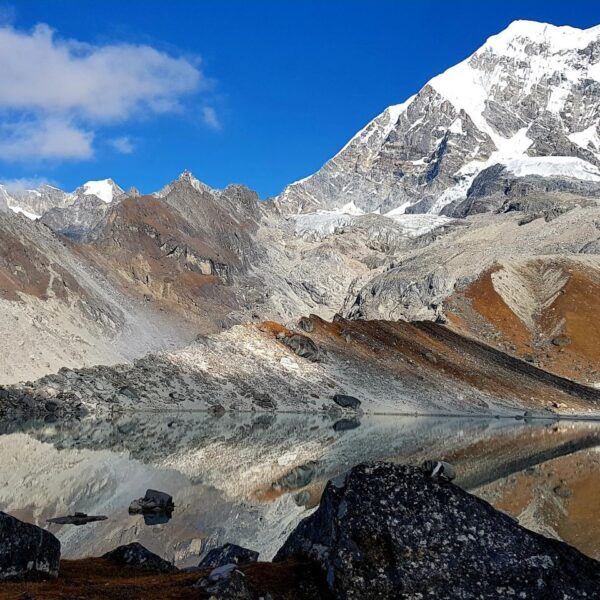 Reflection in the Dudh kunda lake with mount Numbur in the background. In Solu the lower Everest region of Nepal.